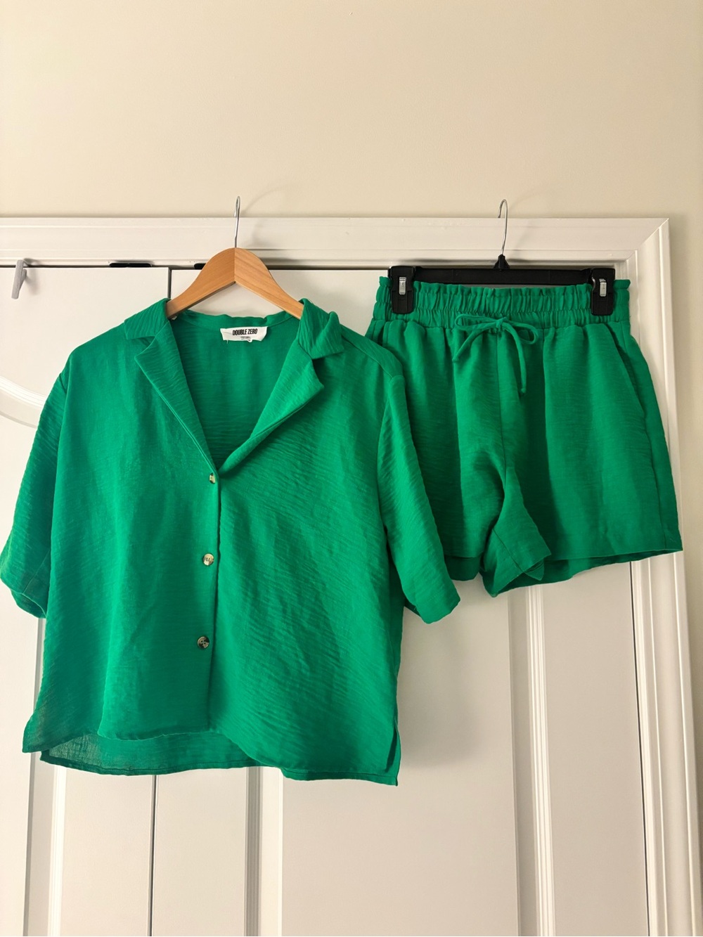 Double Zero Green Short Sleeve Button Shirt and Drawstring Shorts Set